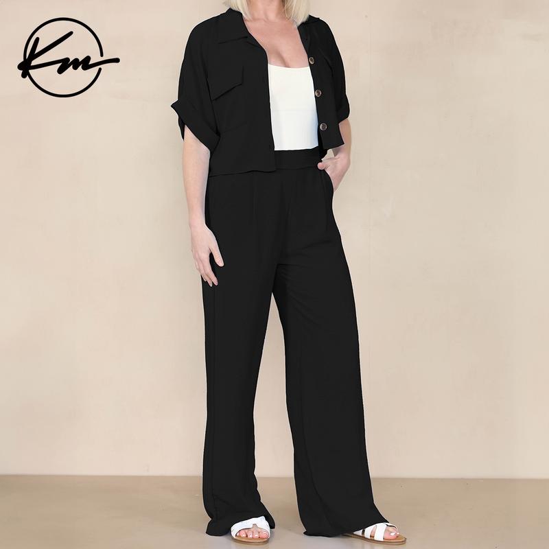 KatchMe Women's Plain Collared Neck Partial Button Short Sleeve Baggy Wide Leg Jumpsuit With Matching Belt,Multi-Pocket Romper,Holiday Womenswear